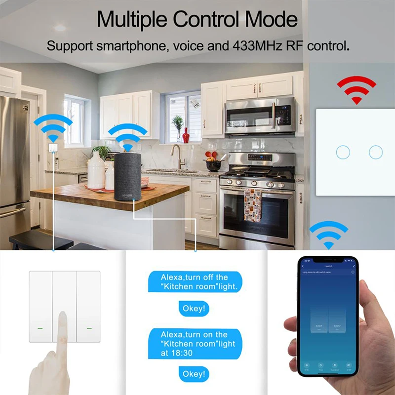 Wifi EU Wall Touch Switch Smart Light Switch 1/2/3 Gang  No Neutral Wire Required Tuya Smart Life Home Support Alexa Google Home