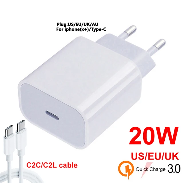 New 20W PD For Iphone 13 12 USB-C C2L Cable Power Adapter Charger UK/US/EU Plug Smart Phone Fast Charger for Samsung S10 C2C 1