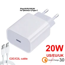 New 20W PD For Iphone 13 12 USB-C C2L Cable Power Adapter Charger UK/US/EU Plug Smart Phone Fast Charger for Samsung S10 C2C