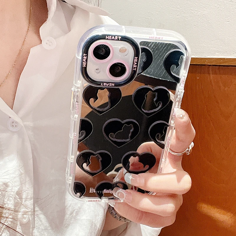 Cat Love Heart Silver Mirror iPhone Case