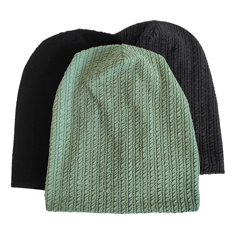 Geebro Women Solid Color Folds Pattern Beanie Hat Ladies Fashion Knitted Soft Warmer Casual Stretch Baggy Skullies Cap 4