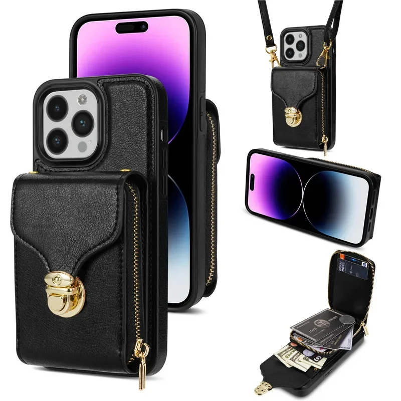 Leather Crossbody Lanyard Wallet Phone Case with Zipper and Flip Stand Cover