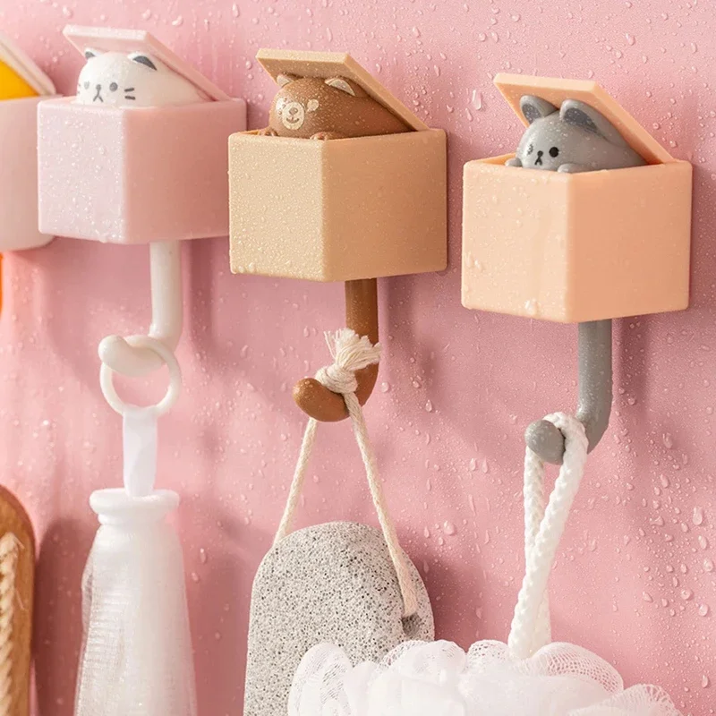 1-10PCS Cute Wall Hooks Key Holder Door Hanging Plastic Self Adhesive Wall Hanger Cartoon Cat Shape Hook For Kids Room Home Deco 3