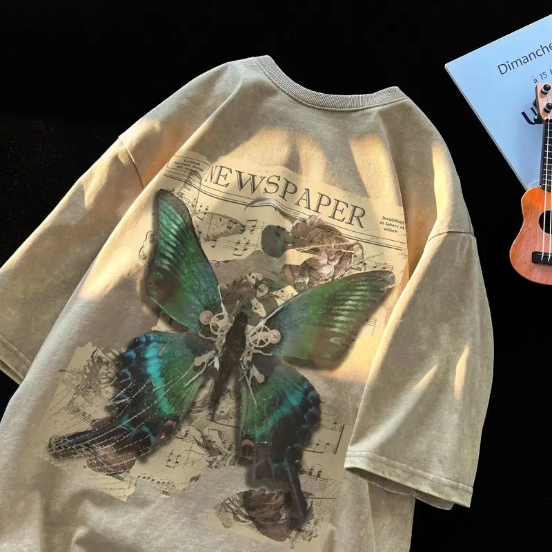 

Футболка с коротким рукавом для мужчин и женщин, хлопковая свободная повседневная одежда в американском стиле ретро с принтом бабочки, костюм для пар, Y2k, на лето