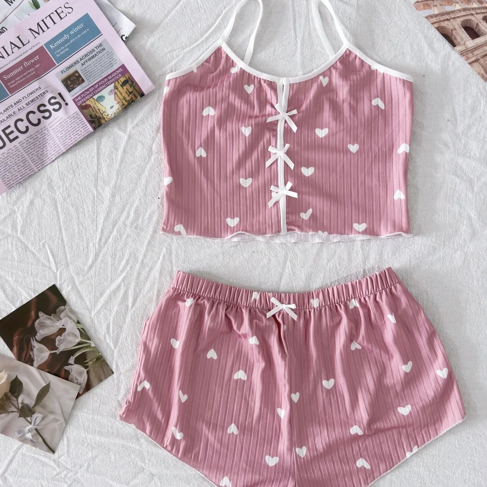 Ensemble Pyjama Pour Femmes, T-Shirts Et Shorts, T-Shirt Rose Imprimé En Forme De Cœur, Col Rond, Haut En Soie Glacée, Confortable Et Décontracté, été