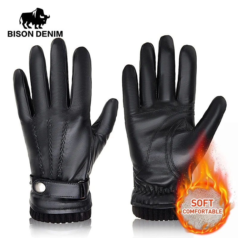 2023 BISON DENIM Men's Sheepskin Gloves Fashion Cashmere Lined Touchscreen Full Finger Mittens Winter Warm Riding Driving Gloves