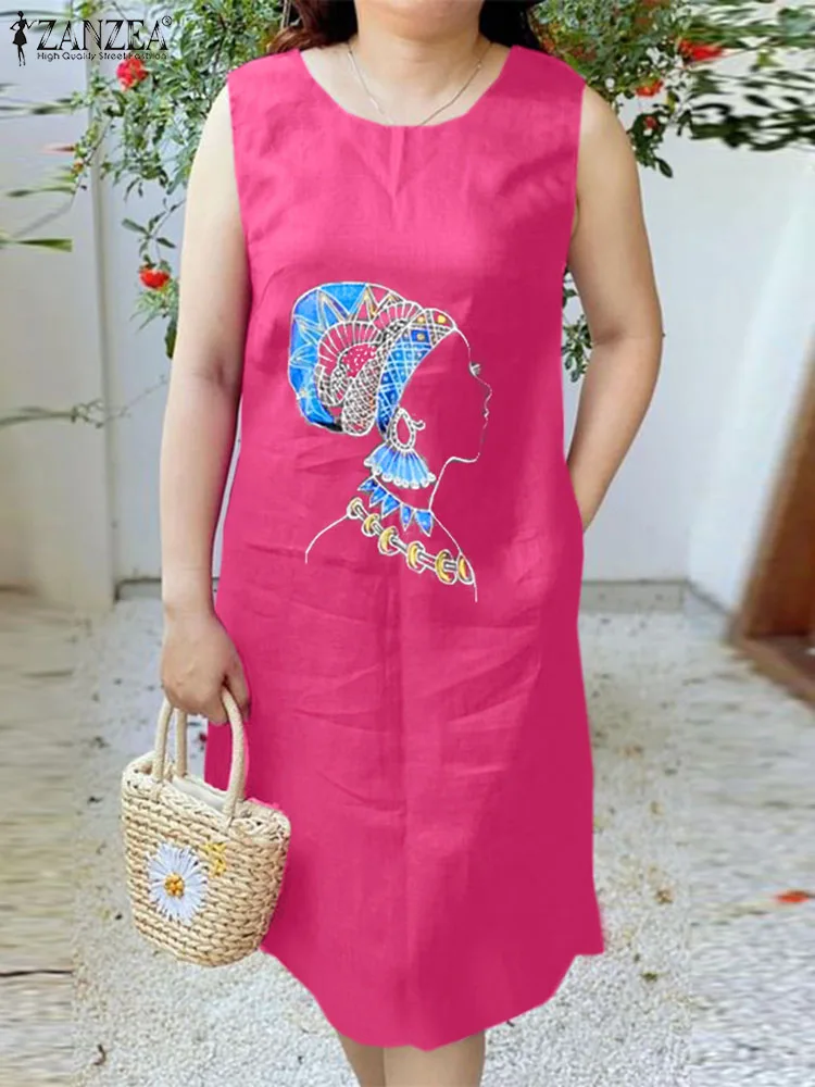

ZANZEA Summer Printed Dress Women Fashion Tanks Sundress Elegant Cotton Dresses Casual Knee-length Robe Bohemian Holiday Vestido