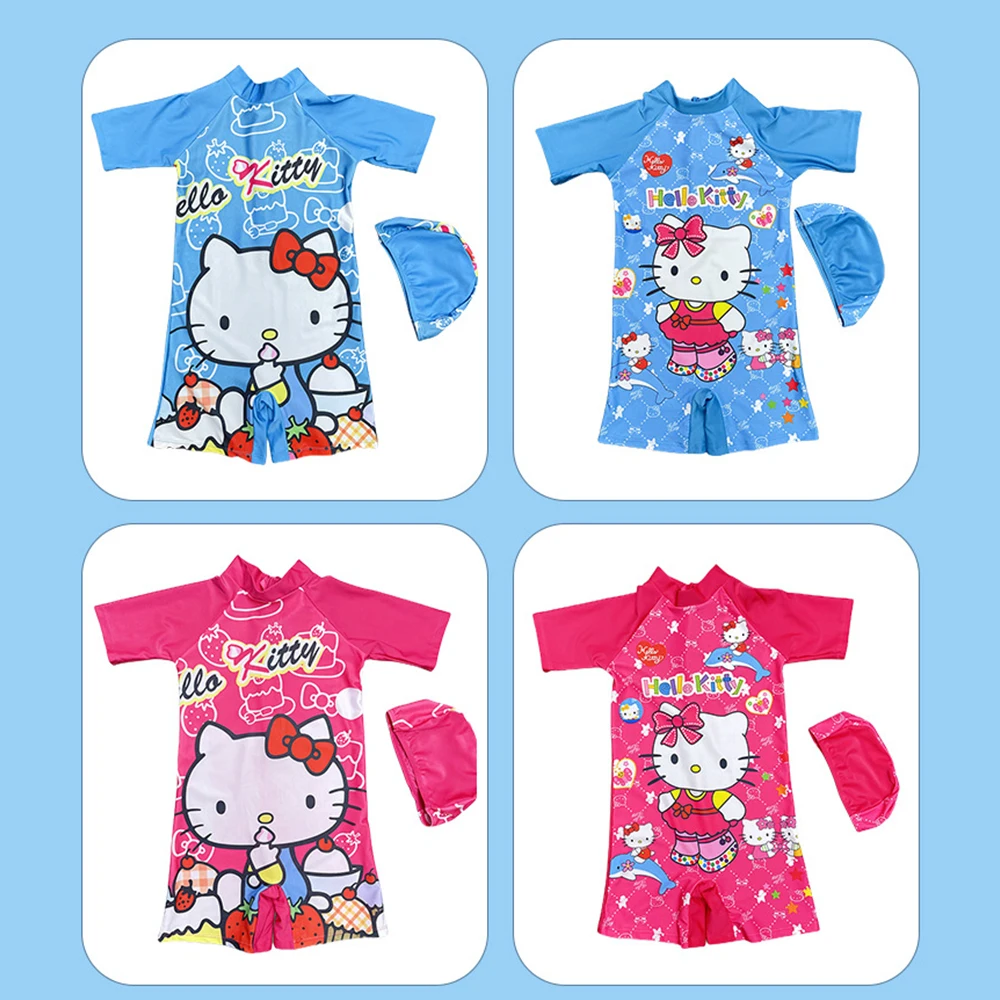 

Hello Kitty Kids Girl Swimsuit Sanrios Anime Kawaii Professional Training Quick-Drying Sunscreen Swimwear Summer Beach Clothes