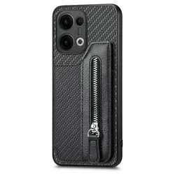Luxury Zipper Leather Wallet Case with Card Holder and Magnetic Back Cover for Reno 14 (Black)