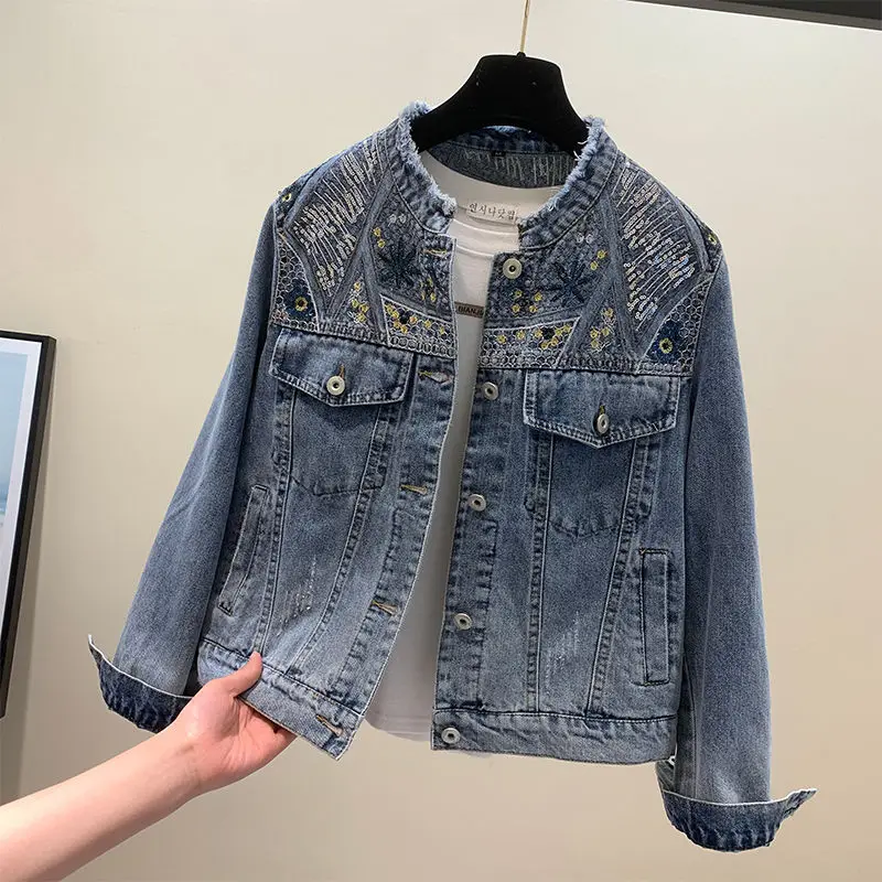 

Small Fragrant Wind Beaded Denim Jacket Female 2023 Spring New Sequins Retro Embroidered Denim Clothing Short Jacket Top 52