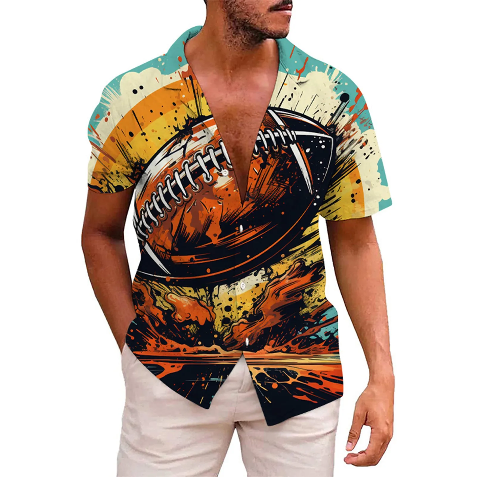 

American Men's Football Fans Sports Gift Shirt Vintage Rugby Player Retro Holiday Print Camisa Social dress shirt Beachwear