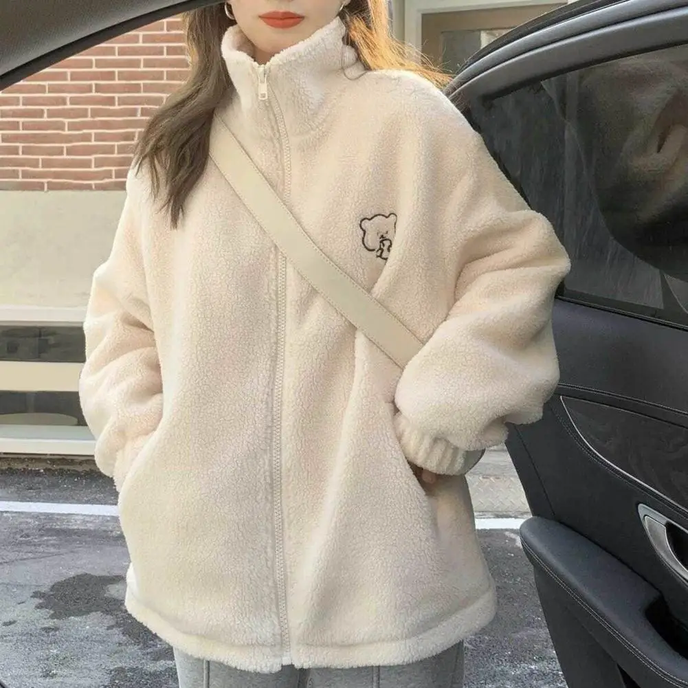

Winter Women Imitation Lambswool Jacket Cartoon Bear Pattern Stand Collar Sweatshirt Thicken Plush Pocket Zipper Placket Outwear