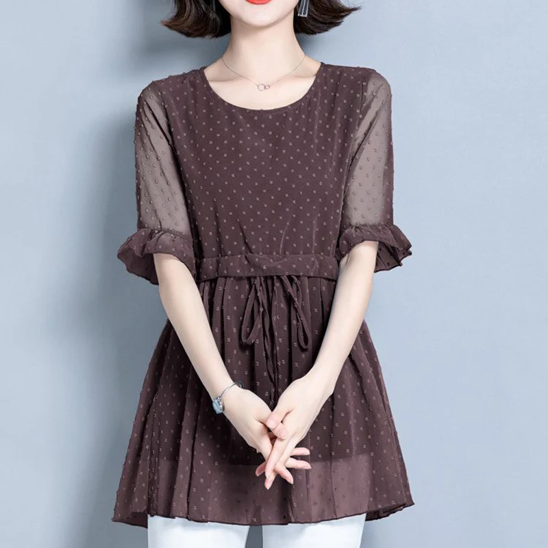Elegant O-Neck Shirring Bandage Butterfly Sleeve Blouses Women's Clothing 2024 Summer New Loose Office Lady Tops Chic Shirts