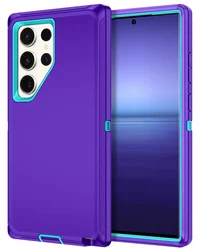 Durable Heavy Duty Shockproof Rugged Armor Box Case - Black Cover - Galaxy S22 Ultra (Purple Blue)