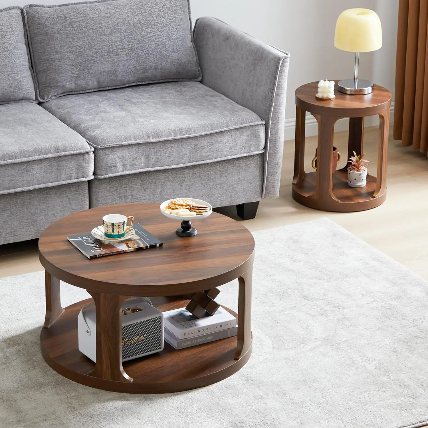Coffee Table and End Table Set of 2, Round Coffee with 2-Tier Storage, Accent Side for Living Room (Walnut-1)