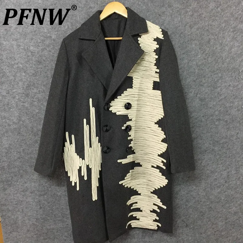 

PFNW Autumn New Men's Cotton Rope Decoration Heavy Industry Fashion Wool Trench Coat Handsome Warm Original Windbreaker 21Z1043