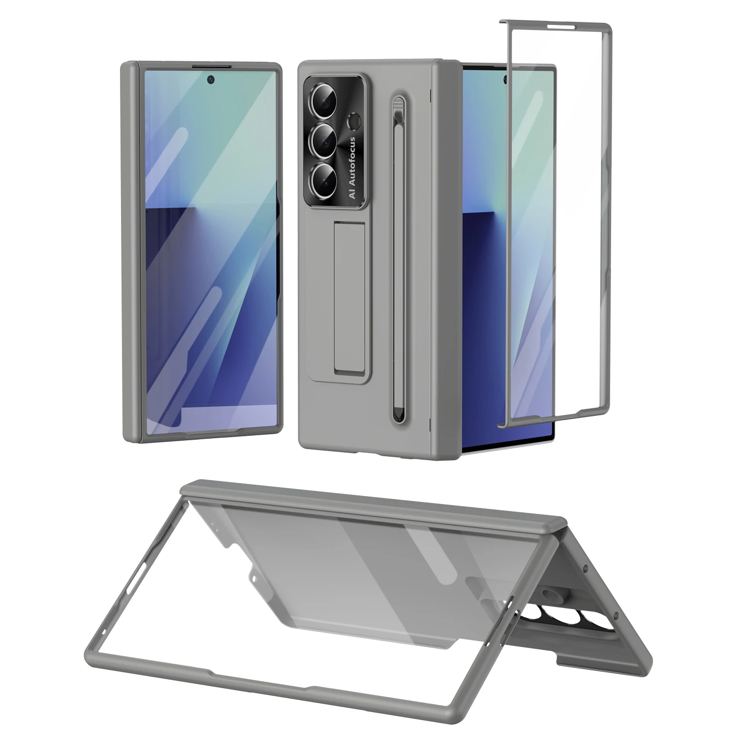 Matte Hard PC Hinge Phone Case with Stylus Holder and Glass Film Protector