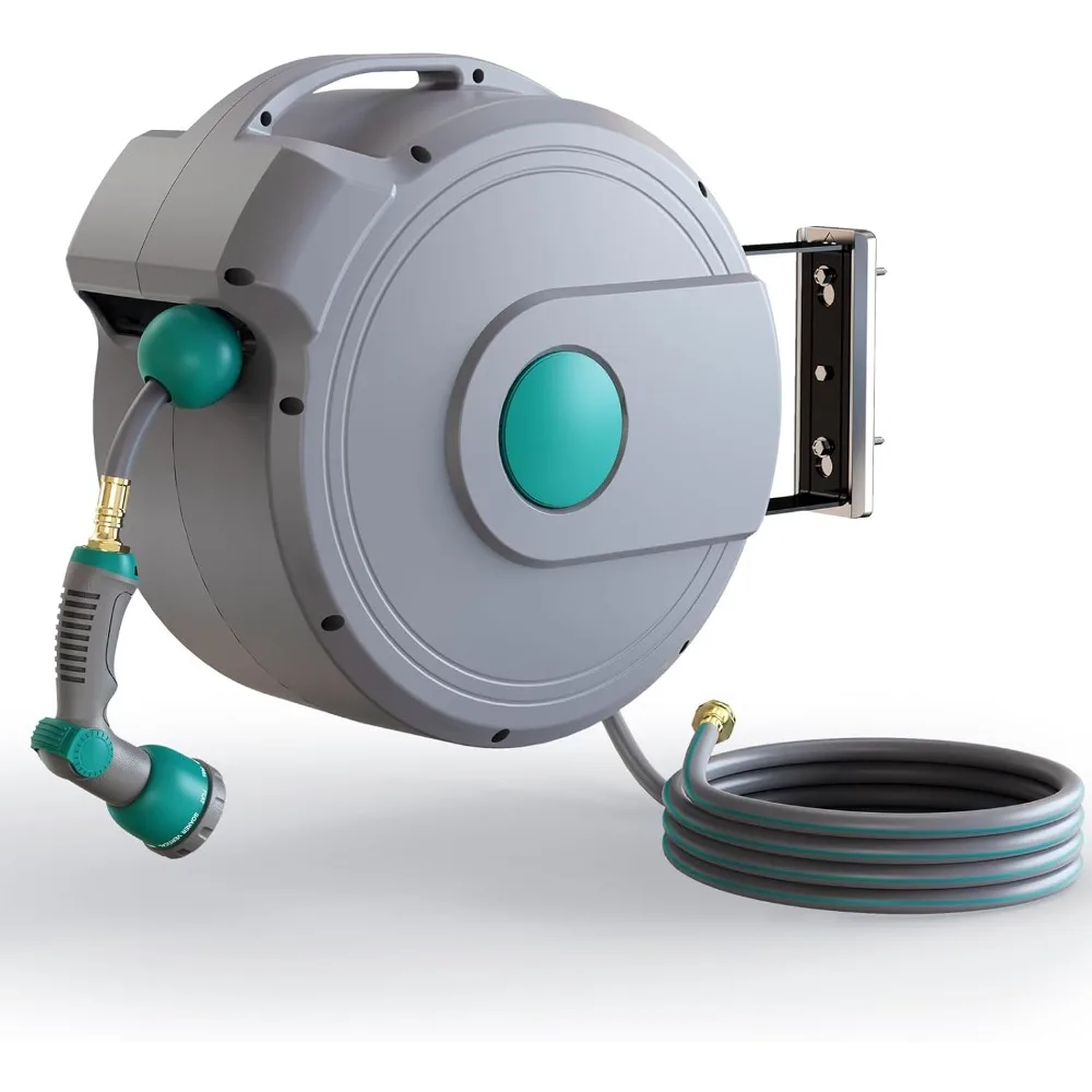 

Garden Hose Reel,1/2 in x 100 ft Wall Mounted, 10-Function Sprayer Nozzle, Any Length Lock/Slow Return System/180°Swivel Bracket