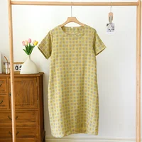 2026 New Summer Short Sleeve Sleeping Skirt 100% Cotton Yarn Weaving Jacquard Loose Pullover Mid length Plaid Skirt Home Dress - Image 2