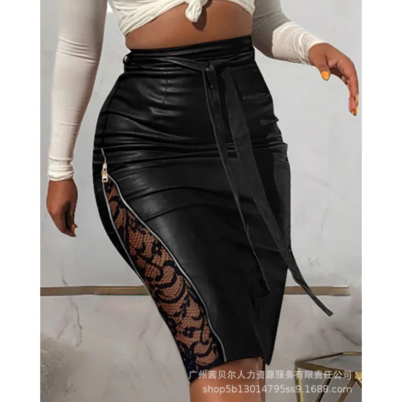 Wepbel Leather Skirt Lace Zipper Pencil Skirts Sexy Split Lace PU Bodycon Skirts Women High Waist Stitching Slim-Fit Lace Up