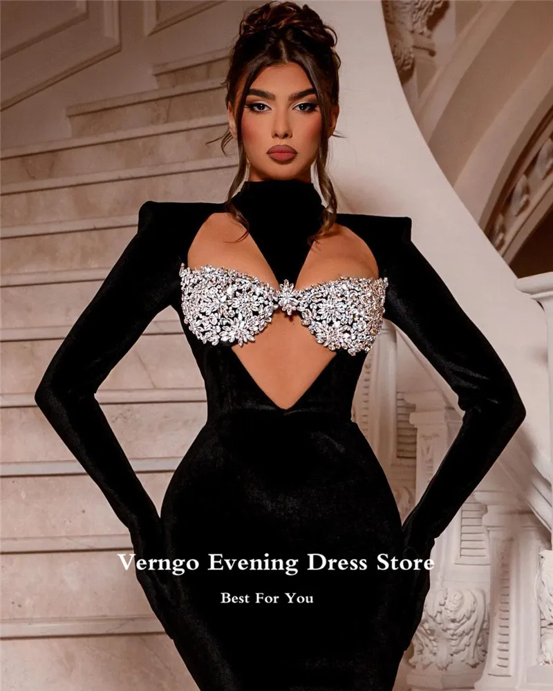 Verngo Moderne Schwarz Samt High Neck Abendkleider Lange Ärmeln Handschuhe Cut-Out Kristall Bh Sexy Dubai Sexy Prom kleider Party