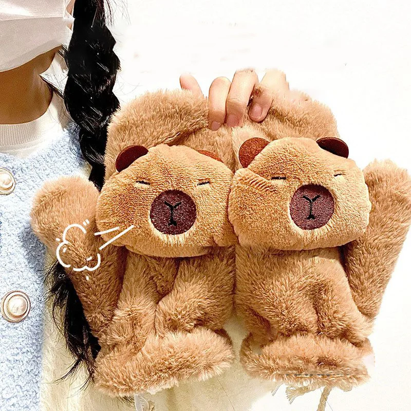 

New Kawaii Capybara Plush Gloves Cartoon Anime Doll All Inclusive Gloves Autumn Winter Warm Soft Hanging Neck Riding Girl Gifts