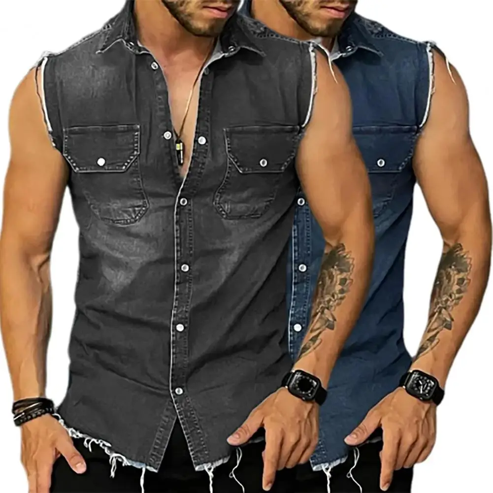 Trendy Vest Coat Sleeveless 3D Cutting Slim Fit Denim Vest Jacket  Shrink Resistant Denim Jacket Daily Clothing
