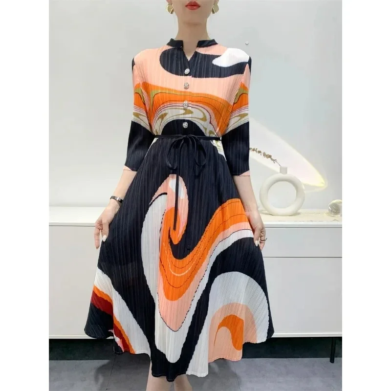 

Miyake Pleated Women's Dress Fashion Printed Mid-Length Seven Sleeve Loose Plus Size Comfort Casual Dresses 2024 Summer New