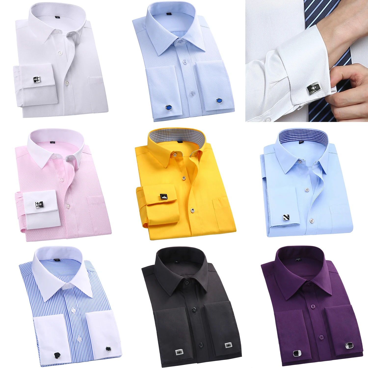 French Cuff Dress Shirt Men's Long Sleeve Business Formal Party Wedding ...