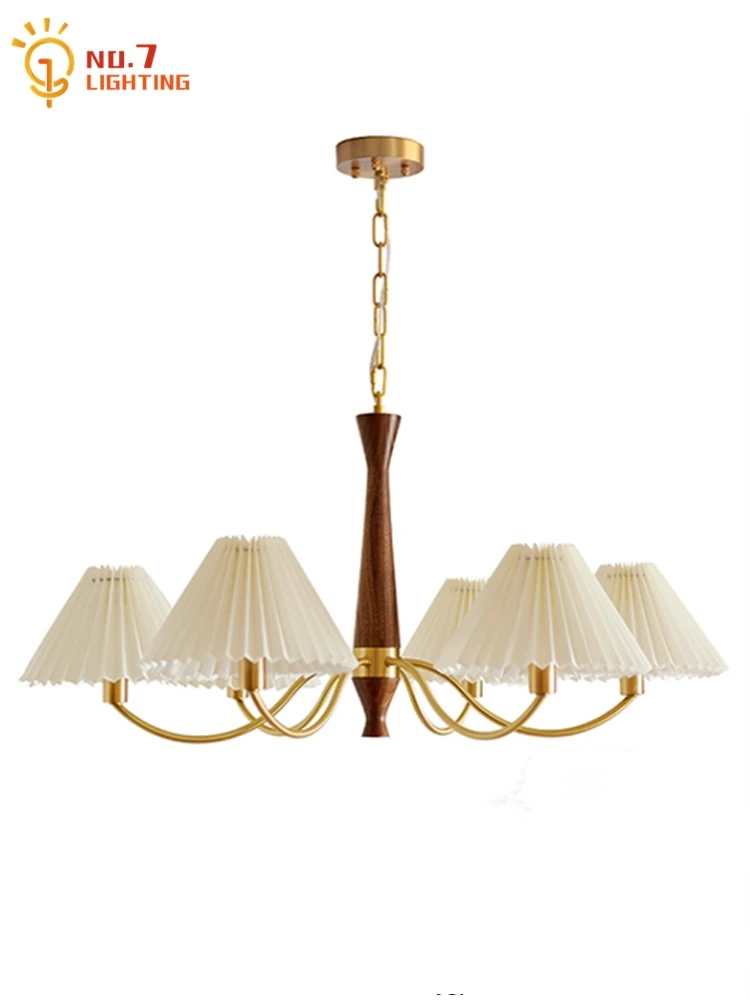 

Japanese Retro Atmosphere Walnut Copper Chandelier Lighting LED E14 Pleated Lampshade Iiving Room Bedroom Study Restaurant Cafe