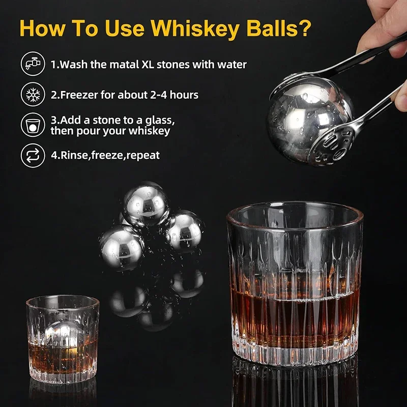 Large Whiskey Stones Round Stainless Steel Ice Ball Reusable Drink Cooler for Beer Wine Coffee Food Grade Bar Accessories 2pcs