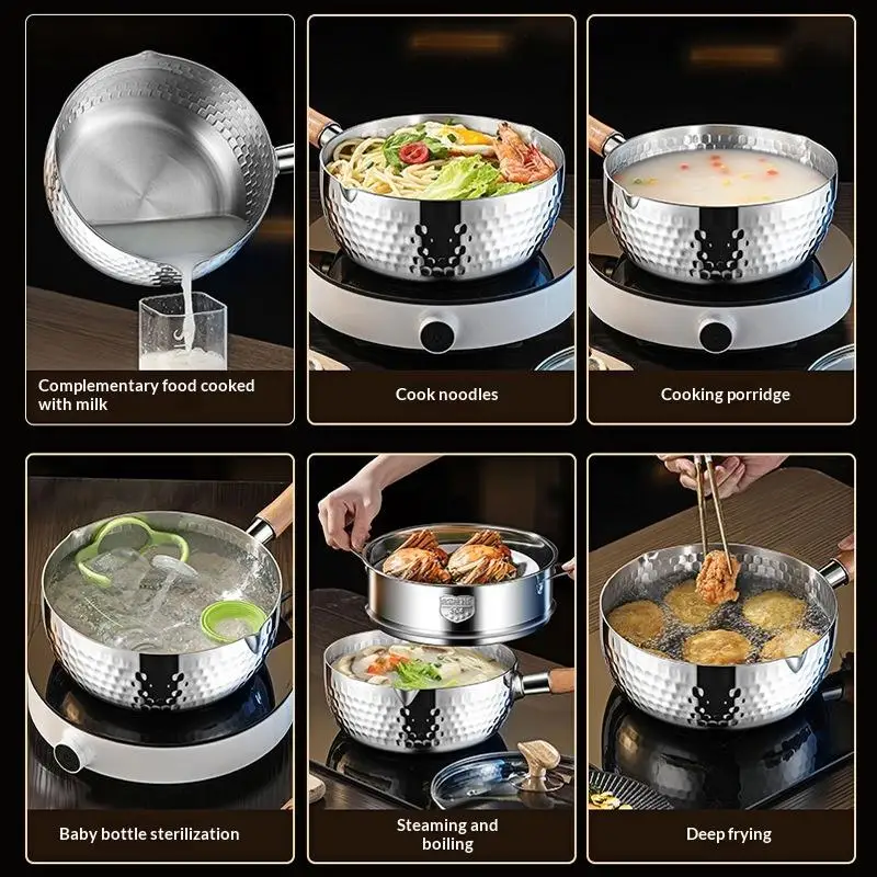【S】Stainless Steel Soup Pot Snow Pot Flat Bottom Non-Stick Wok Solid Wood Handle With Hook Stew Pot Milk Pot Kitchen Cookware