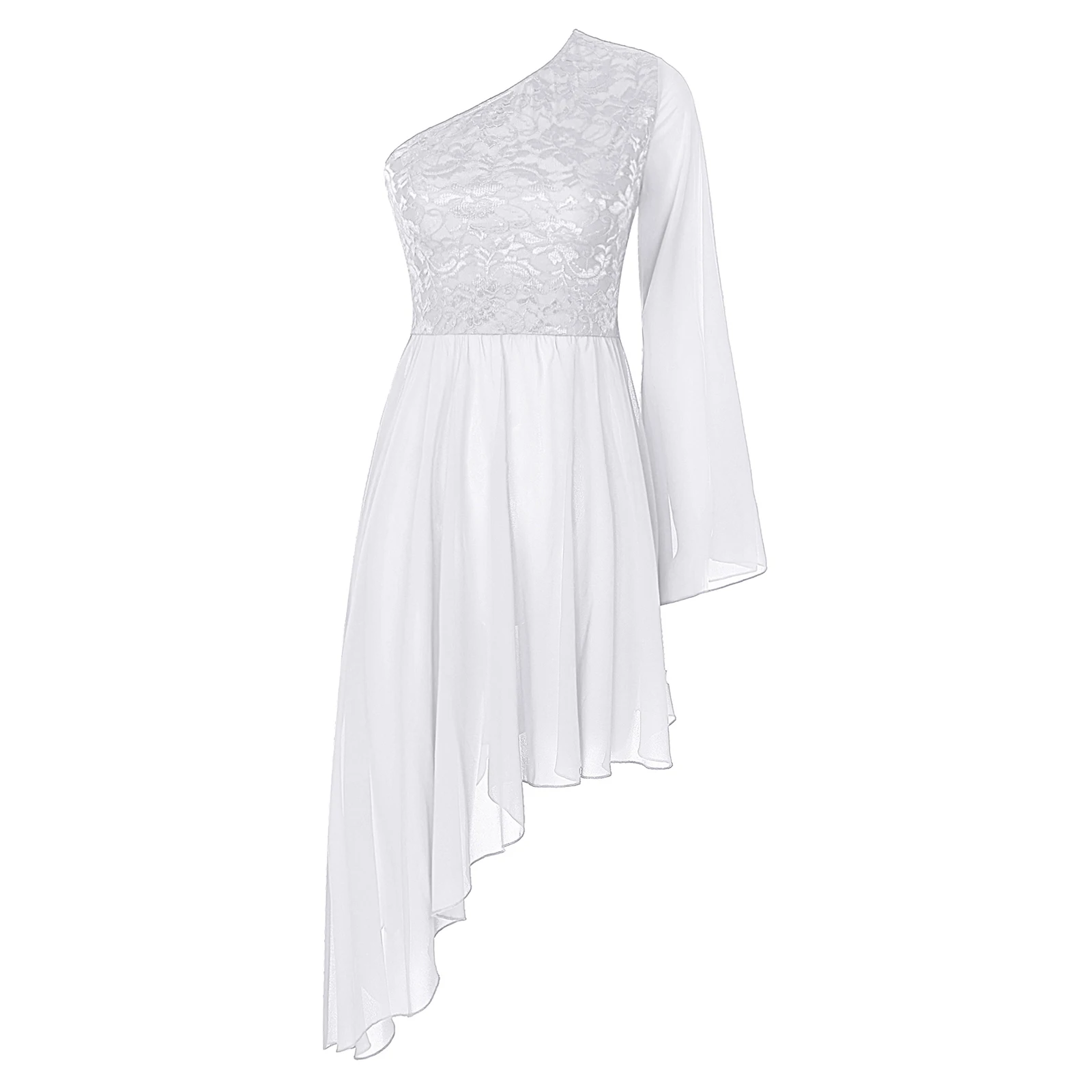 thumbnail image 1 of Vestidos de baile litúrgicos para mujer, túnica de adoración de encaje floral, vestido superpuesto con dobladillo asimétrico y manga acampanada con un hombro, 1 of 5