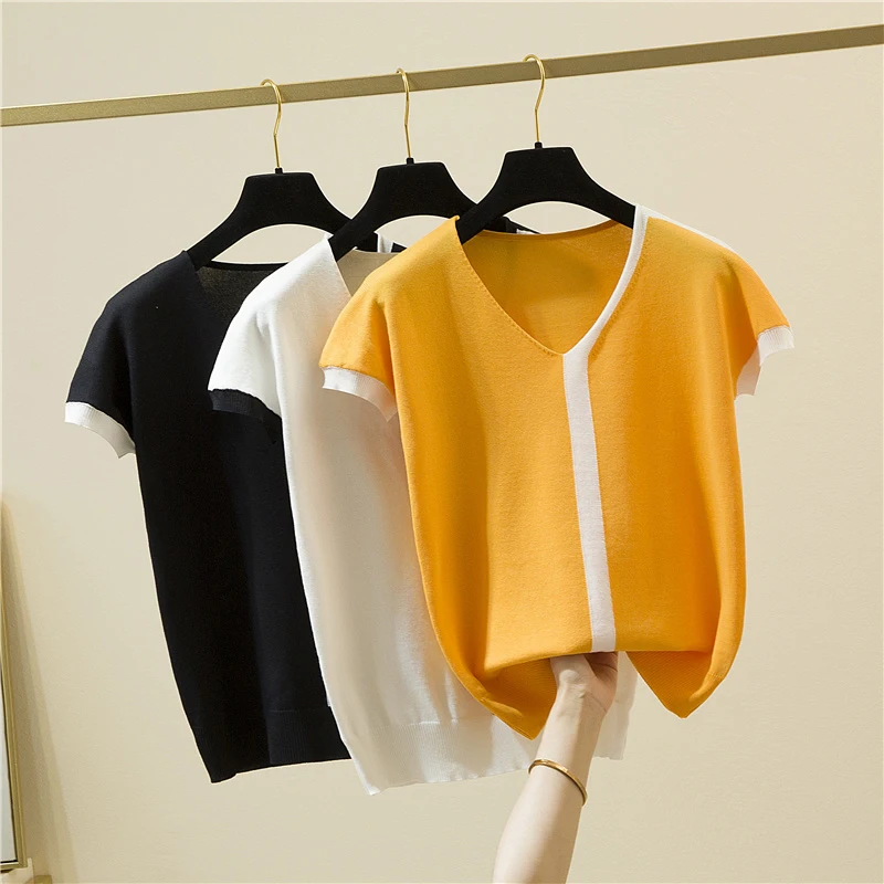 

2023 Solid Pullover Sweater Women Summer Korean Thin Knitted Top Female Loose V-Neck Short Sleeve Women Sweaters Jersey Mujer
