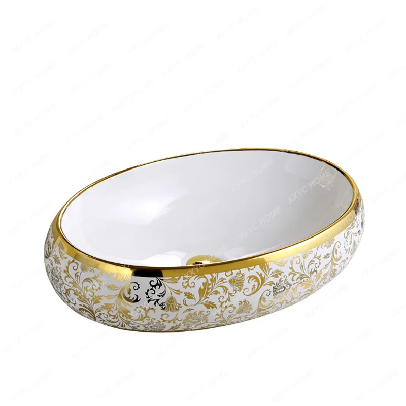 

Electroplated Gold Table Basin Ceramic Basin Oval Washbasin Wash Art Basin