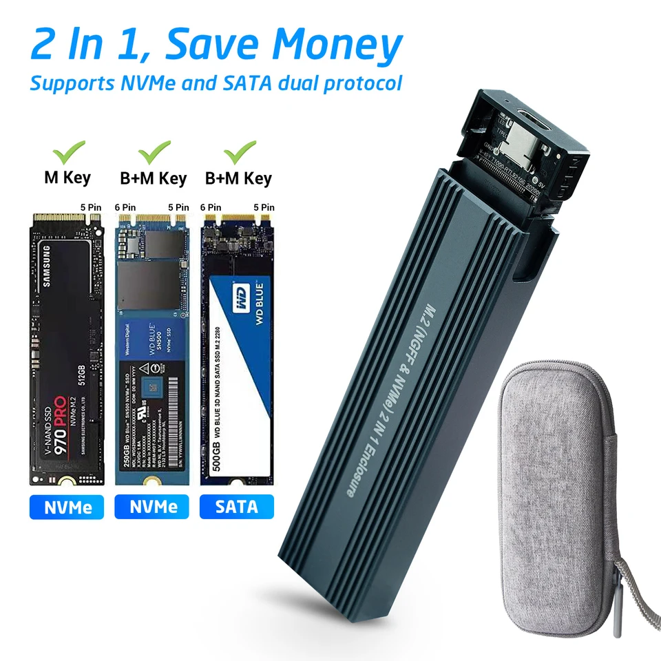 Boîtier SSD NVMe M.2 20 Gbit/s NVMe NGFF PCIe M.2 Vers USB Type C 3.1 Boîtier SSD Adaptateur De Boîtier De Disque Dur Externe USB C 3.2Gen2 Portable Pour MacBook PC