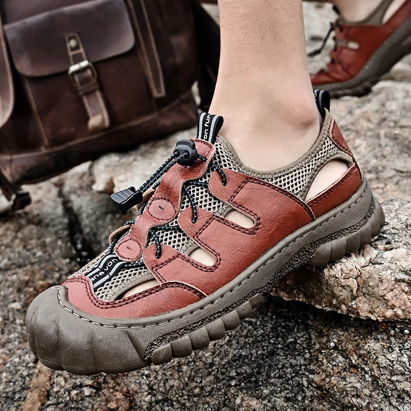 Summer Men Sandals Genuine Leather Mens Casual Shoes Outdoor Men Leather Sandals for Beach Shoes Roman mens