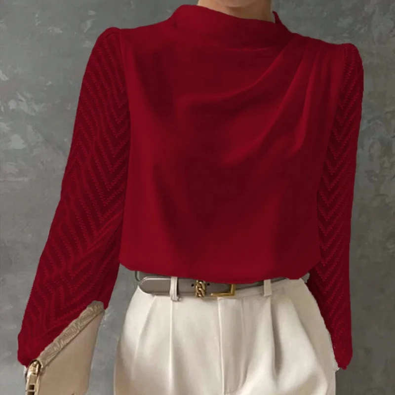 

Fashion Wave Mesh Long Sleeved Office Shirt Casual Spring Pleated Chiffon Tops Blouses New Women Half High Collar Loose Pullover