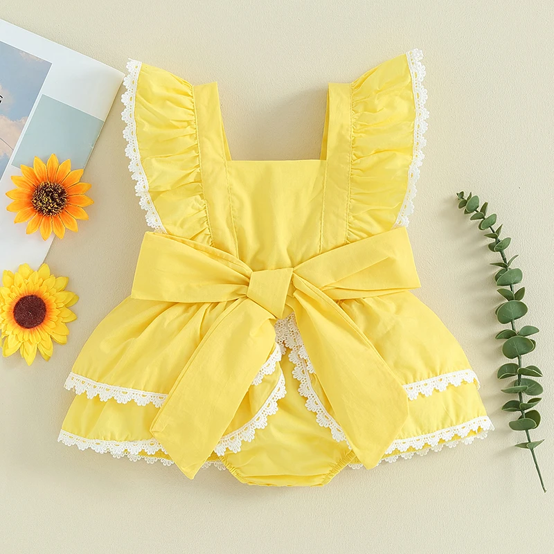 

Baby Girl Romper Lace Trim Square Neck Bowknot Fly Sleeve Jumpsuits Infant Summer Clothes Toddler Bodysuits