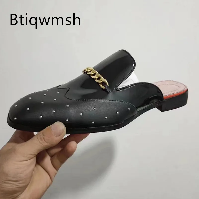 

Gold Chain Slippers Man Pointed Toe Black Leather Slip On Flats Male Fashion Party Shoes
