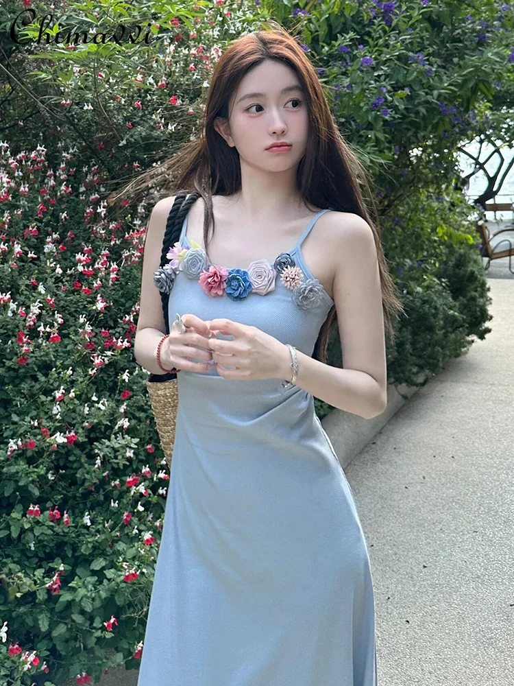 

Korean Fairy Style 3D Flower Sleeveless Square Collar Backless High Waist Slim Fit Sheath Blue Casual Sling Dress Women 2024