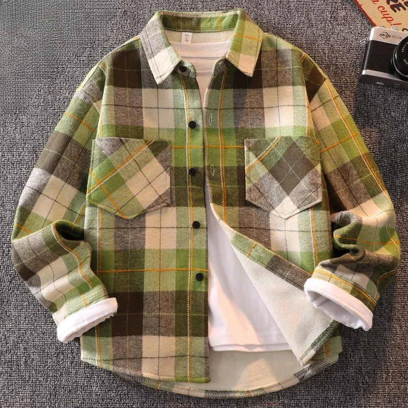 

Boys' Long-Sleeved Plaid Polo Shirts Autumn and Winter New Baby Velvet Padded Thickened Tops Student Coats Children's Clothes