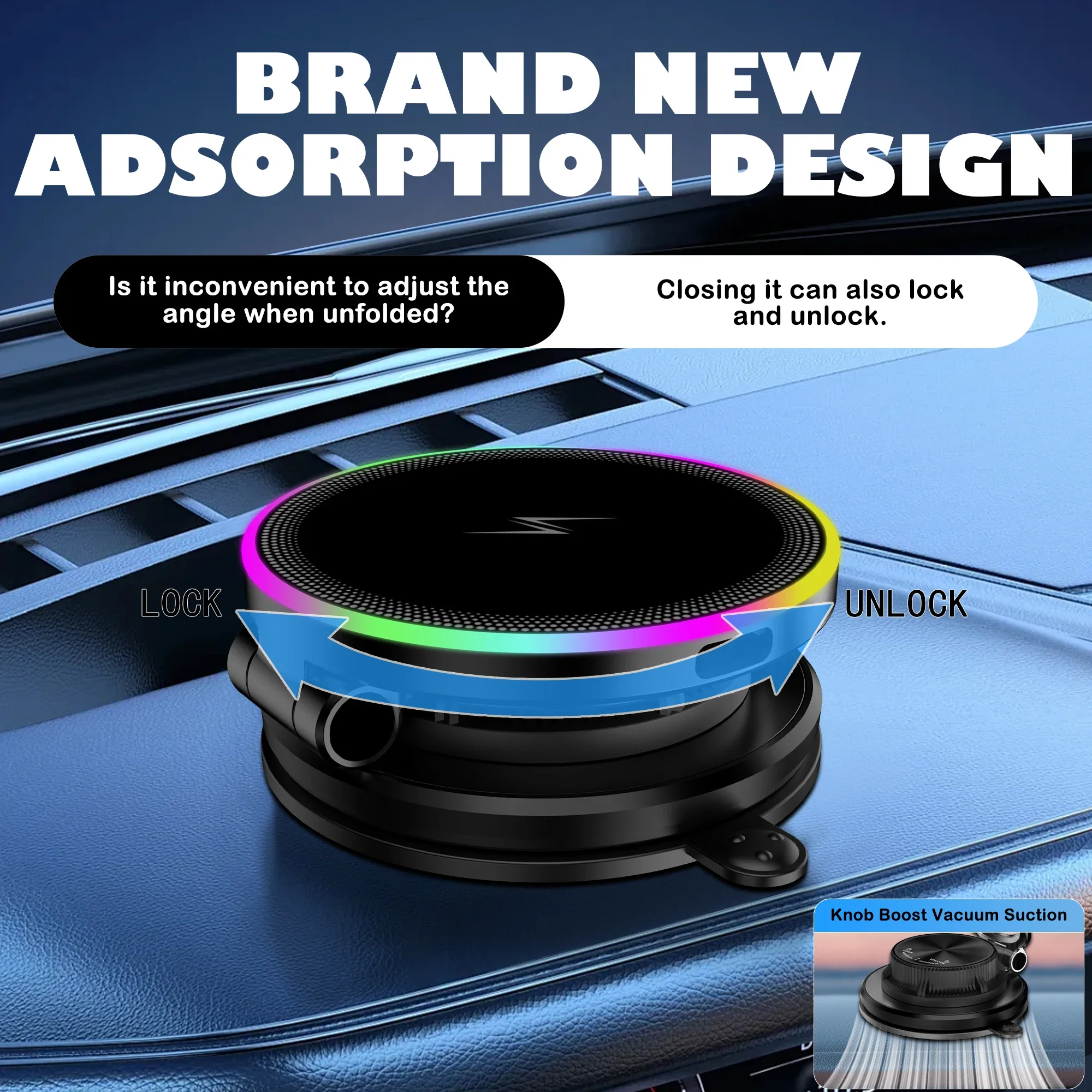 RGB Vacuum Suction Wireless Car Charger & Magnetic Phone Holder