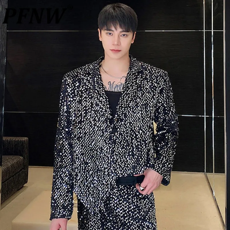 

PFNW Lapel Male Suit Jackets Personalized Sequin Design Contrast Color Men Blazers Casual Men's Clothing Spring New Chic 9C4551