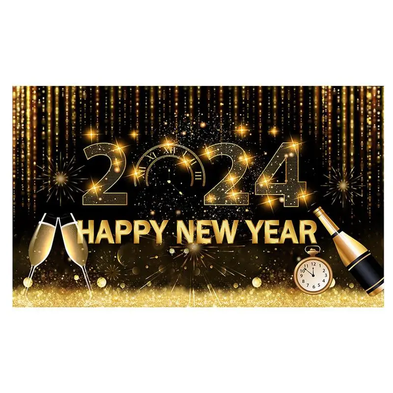 

Happy New Year Tablecloth Polyester Cloth 2024 New Year Photo Frames Picture Party Booth Props Decoration Gold Champagne Balloon