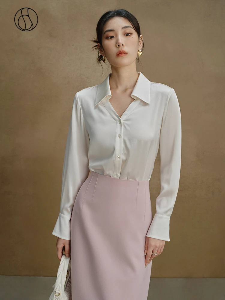 DUSHU 100% Silk Women Temperament Solid Blouse Detachable Streamer Design White Long Sleeve Autumn New Shirts Office Lady Shirt