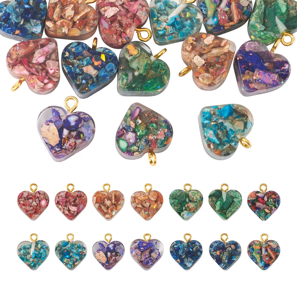 

14Pcs Transparent Heart Charm Resin Natural Jasper Dyed Chips Pendants with Brass Loops for Jewelry Making DIY Bracelet Necklace