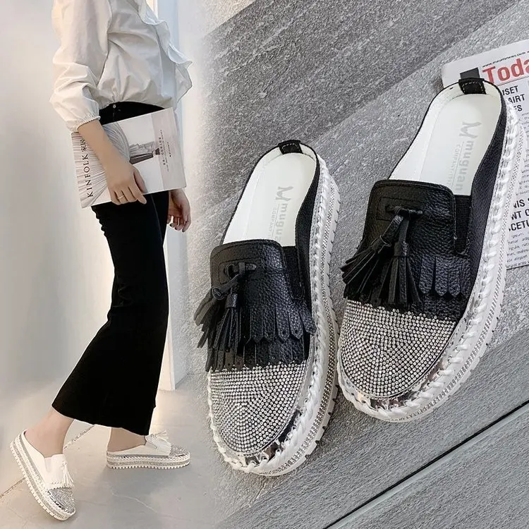 

Женские блестящие шлепанцы на средней платформе, лоферы с закрытым носком, Мягкие Шлепанцы желе на мягкой платформе, 2023 удобная повседневная обувь на плоской подошве из искусственной кожи с кристаллами и резиной