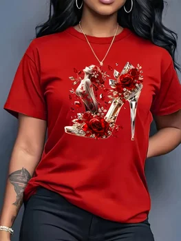 Short Sleeve Crew Neck Vibrant Crystal High Heel Rose Graphic Print Women's T-Shirt Urban Style Printed Design in Vibrant Colors 1