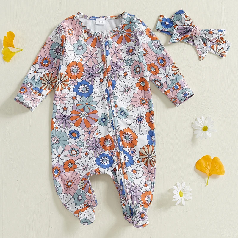 Autumn Newborn Baby Girl Fall Outfits Long Sleeve Floral Print Footie Jumpsuit Headband Set Clothes